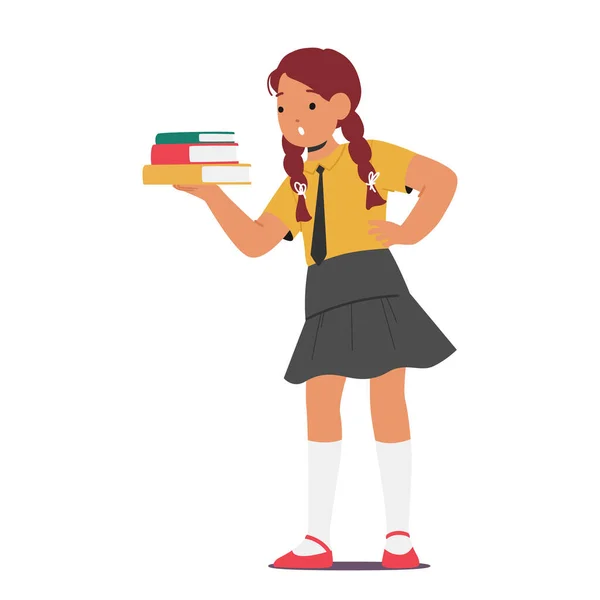 Fleißige Schulmädchenfigur Die Bücher Mit Erstauntem Ausdruck Auf Dem Gesicht — Stockvektor
