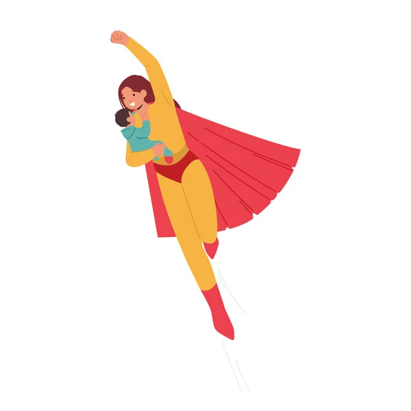 Personaje Madre Superhéroe Volando Con Bebé Exudando Fuerza Amor Protección — Vector de stock