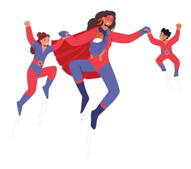 Süper kahraman Anne Karakteri çocuklarına sevgiyle ve güçle rehberlik ediyor. Meydan okumalara karşı direnç ve bakımın sembolü. Çizgi film İnsanları Vektör İllüstrasyonu