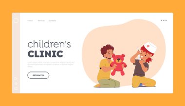 Çocuk Kliniği İniş Şablonu. Çocuk Erkek ve Kız Karakterler Doktor Oyunu, Hastaları İnceleme, Tıbbi araçlar kullanma, empati ve özen gösterme. Çizgi film İnsanları Vektör İllüstrasyonu
