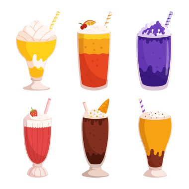 Çilek, dondurma, yaban mersini ve meyveli çeşitli lezzet ve malzemelerle servis edilen lezzetli milkshake 'ler. Kremalı, leziz iyiliklere düşkünlük. Çizgi film Vektör İllüstrasyonu