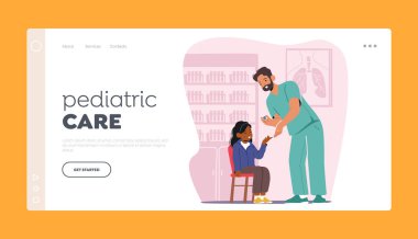 Pediatrik Bakım İniş Şablonu. Doktor, Childs Glikozu 'nu kontrol ediyor. Diyabet İzleme için parmağında glukometre kullanıyor. Hastanedeki Randevu 'daki Küçük Kız Karakteri. Çizgi film Vektör İllüstrasyonu