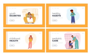 Diyabet İniş Şablonu Ayarlı Çocuklar. Şeker Hastalığını Yöneten ve İzleyen Küçük Erkek ve Kız Karakterler, Uygun Sağlık Yönetimi İçin Aletleri Kullanıyor. Çizgi film İnsanları Vektör İllüstrasyonu