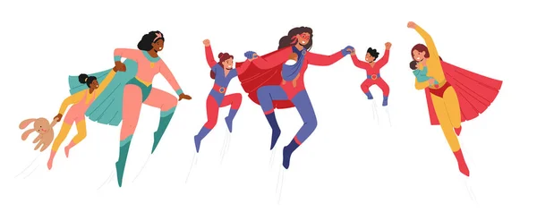 Mutige Superheldenmutterfiguren Die Ihre Kinder Mit Kraft Und Liebe Beschützen — Stockvektor
