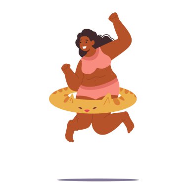 Enerjik ve kendinden emin bir kadın şişkin bir yüzükle suya neşeyle atlıyor kıvrımlarını vurgulayan ve vücudunu kucaklayan şık bir mayo sallıyor. Çizgi film İnsanları Vektör İllüstrasyonu