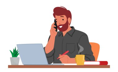 Çok Görevli Profesyonel Erkek Karakteri. Adam, iş yerinde verimliliği ve verimliliği gösteren bir telefon görüşmesi yaparken dizüstü bilgisayarıyla uğraşmadan çalışıyor. Çizgi film İnsanları Vektör İllüstrasyonu