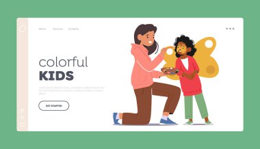 Renkli Çocuklar İniş Sayfa Şablonu. Çocuk yüzünü resmeden kadın çizen, gülümsemeler yaratan ve onları canlı renklerle sihirli kelebek karakterine dönüştüren kadın. Çizgi film İnsanları Vektör İllüstrasyonu