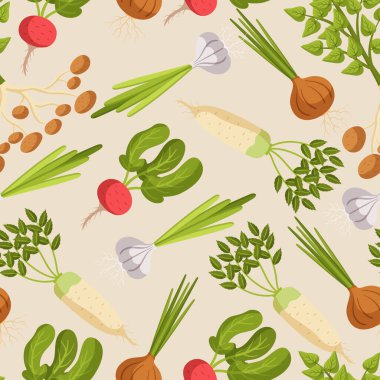 Canlı ve Canlı Sebzesiz Desen, Taze ve Renkli Sebzeler Varyasyonu Gösteriyor. aynı zamanda Soğan, Patates, Turp, Daikon ve Sarımsak gibi. Çizgi film Vektör İllüstrasyonu