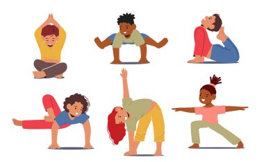 Yoga yapan, farkındalığı ve hareketi keşfeden çocuklar. Esnekliği, dengeyi ve rahatlığı teşvik eden, sakinliği ve refahı teşvik eden karakterler. Çizgi film İnsanları Vektör İllüstrasyonu