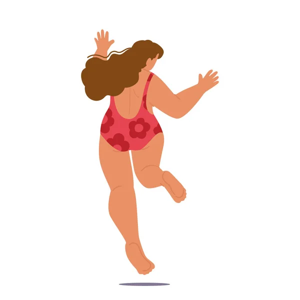 Energetic Carefree Plump Woman Joyfully Jumps Her Swimsuit Loves Her - Stok Vektor
