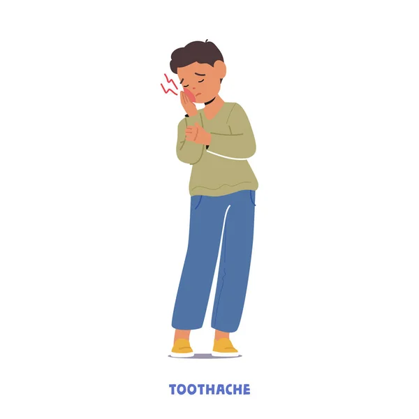 Kind Boy Karakter Met Tandpijn Pijn Ervaring Ongemak Gevoeligheid Zwelling — Stockvector