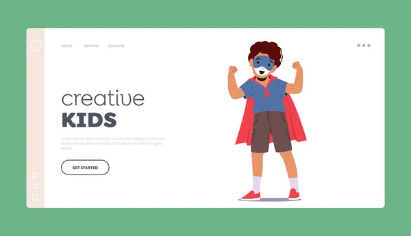Creative Kids Landing Page Template Ein Junge Mit Einem Superheldengesicht — Stockvektor