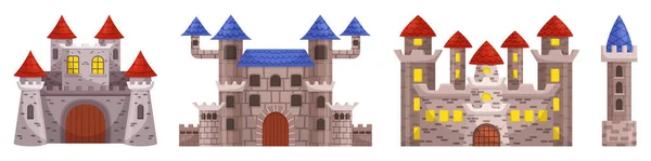 Majestueuze Middeleeuwse Kastelen Met Torenhoge Architectuur Versterkte Muren Grandeur Symbool — Stockvector