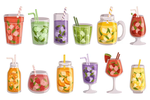 Summer Fruit Drinks Set Strawberry Cucumber Mint Blueberry Lime Lemon — Stock Vector