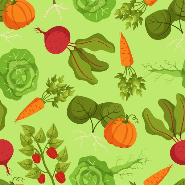 Seamless Pattern Featuring Variety Vibrant Colorful Vegetables Creating Lively Engaging — Stock Vector