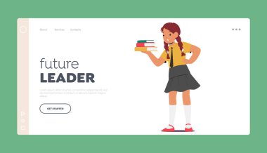 Geleceğin Lideri İniş Şablonu. Çalışkan Liseli Kız Karakter Kitapları Yüzünde Şaşırtıcı İfade, Bilgi ve Eğitim Takibi 'ni temsil ediyor. Çizgi film İnsanları Vektör İllüstrasyonu