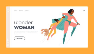 Wonder Woman İniş Sayfa Şablonu. Kızıyla birlikte süper kahraman anne karakteri. En iyi anne çocuğunu güçlü ve sarsılmaz bir kararlılıkla korur ve büyütür. Çizgi film İnsanları Vektör İllüstrasyonu