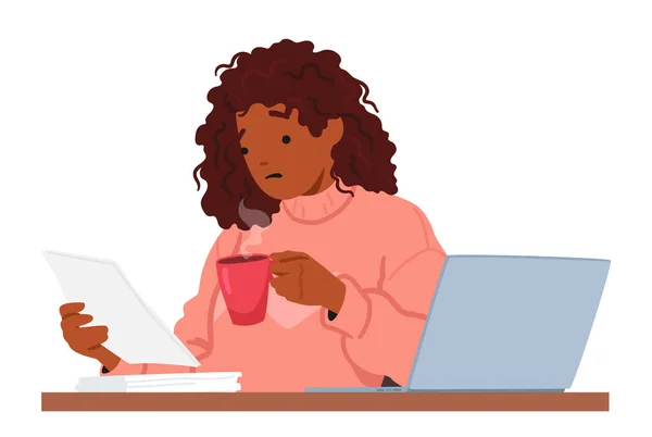 stock vector Multitasking Woman Enjoys Quiet Moment As She Reads The Paper And Sips Coffee At Her Desk, Accompanied By Her Trusty Laptop. African American Female Character Work. Cartoon People Vector Illustration