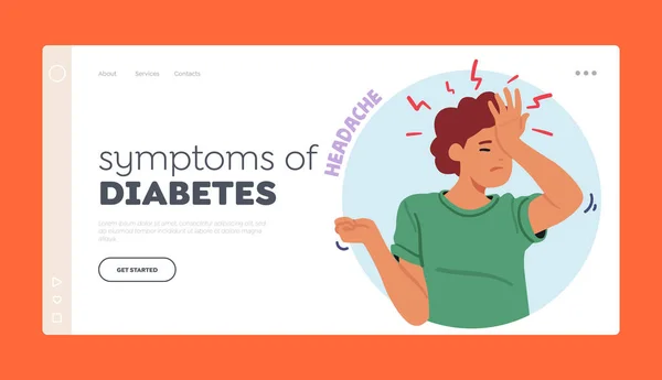 stock vector Symptom Of Diabetes Landing Page Template. Female Character with Headache, Caused By Fluctuations In Blood Sugar Levels Or Other Underlying Factors. Cartoon People Vector Illustration