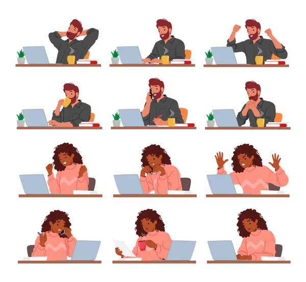Мужчина Женщина Работают Над Ноутбуками Проявляя Эмоции Концентрации Решимости Разочарования — стоковый вектор