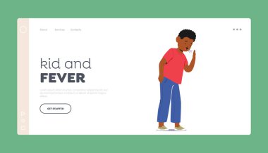 Kid ve Fever Landing Page Şablonu. Çocuk öksürüğü, çocuklarda solunum hastalığının semptomu, enfeksiyonların, alerjilerin ya da tahriş edicilerin neden olduğu. Çizgi film İnsanları Vektör İllüstrasyonu