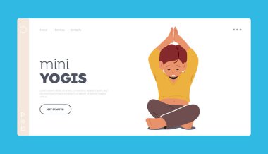 Mini Yogi İniş Sayfası Şablonu. Yoga yapan, denge ve farkındalık odaklı çocuk karakteri. Güç, esneklik, poziyonlarla rahatlama. Çizgi film İnsanları Vektör İllüstrasyonu