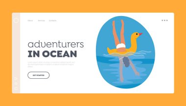 Ocean Landing Page Şablonu 'ndaki Maceracılar. Neşeli kız renkli şişme bir yüzüğe atlıyor, neşe ve heyecanla köpüklü denize sıçrıyor. Çizgi film İnsanları Vektör İllüstrasyonu