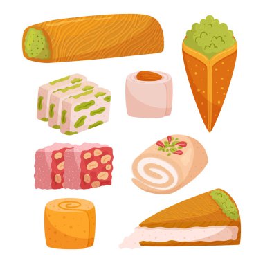 Çeşitli Doğu Tatlıları. Baklava, Halva, Maamoul gibi lezzetlerle geleneksel ödüllerin hoş koleksiyonu Orta Doğu 'nun zengin ve hoşgörülü tadını gösteriyor. Çizgi film Vektör İllüstrasyonu