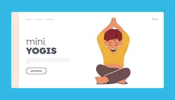 Mini Yogis Landing Page Template Criança Personagem Praticando Yoga Concentrando —  Vetores de Stock