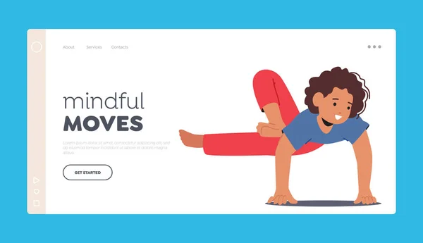 Μυαλό Κινεί Προσγείωση Πρότυπο Σελίδας Child Girl Character Practicing Yoga — Διανυσματικό Αρχείο