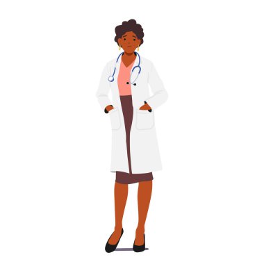 Confident Female Doctor Character With Arms Casually Tucked In Robe Pockets Exuding Professionalism And Approachability, Ready To Provide Compassionate Medical Care. Cartoon People Vector Illustration clipart
