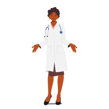 Kendine güvenen ve profesyonel kadın doktor omuz silkiyor, hastalara kaliteli sağlık hizmeti sağlama konusundaki uzmanlığını ve uygunluğunu gösteriyor. Çizgi film İnsanları Vektör İllüstrasyonu