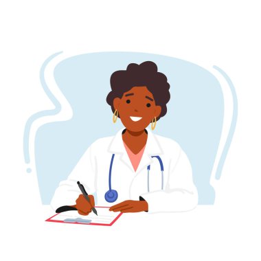 Gülümseyen Kadın Doktor Karakteri Masada Oturuyor, Panoya özenle Notlar Yazıyor, Kaliteli Sağlık Sağlamada Profesyonellik ve Adanmışlık Gösteriyor. Çizgi film İnsanları Vektör İllüstrasyonu