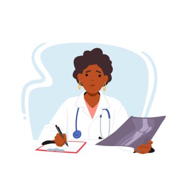 Masasında bir röntgen görüntüsünü analiz eden yorgun bir kadın doktor panoya notlar yazıp hasta bakımında uzmanlık ve adanmışlık göstermekten yorulmuş. Çizgi film İnsanları Vektör İllüstrasyonu
