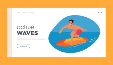 Etkin Dalgalar İniş Sayfa Şablonu. Dalgalarda Sörf Yapan Adam, Denizde Sörf Yapan Adam, Okyanusların Gücü Altında Süzülen Tahtasının Neşeli Deneyimini Kucaklıyor. Çizgi film İnsanları Vektör İllüstrasyonu