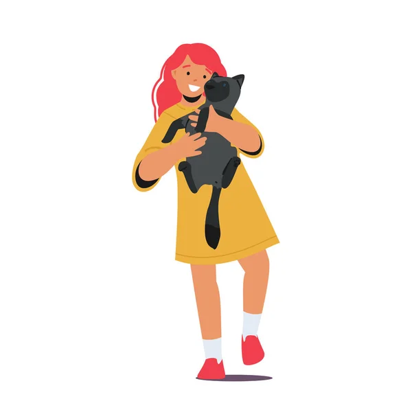 Αξιολάτρευτος Παιδικός Χαρακτήρας Που Δένεται Τον Αγαπημένο Τους Σύντροφο Γάτας — Διανυσματικό Αρχείο