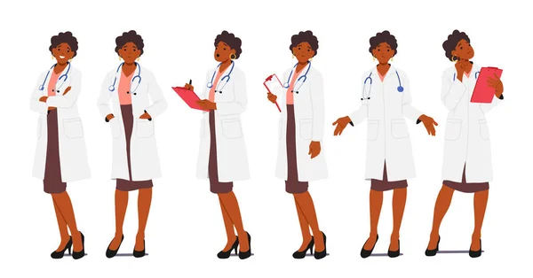 様々な立場と顔の表情で自信と熟練した女性医師のキャラクター 医療分野でのプロフェッショナリズムを示す 思いやり そして専門知識 漫画人ベクトルイラスト — ストックベクタ