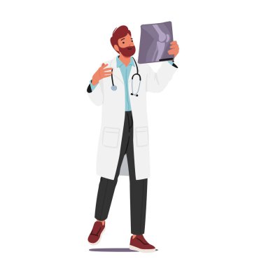 Uzmanlık ve hassasiyetle bir röntgen görüntüsünü analiz eden yetenekli bir erkek doktor teşhisi koymak ve uygun bakımı sağlamak için tıbbi bilgi kullanıyor. Çizgi film İnsanları Vektör İllüstrasyonu