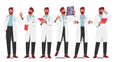 Deneyimli erkek doktor karakteri istisnai tıbbi bakım ve uzmanlık sağlıyor. Sıhhiyeci, pano ile ayakta duruyor. Röntgen Hasta Sağlığını Geliştiriyor. Çizgi film İnsanları Vektör İllüstrasyonu