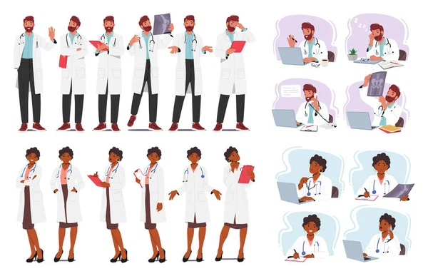 Profesionales Médicos Caracteres Masculinos Femeninos Que Brindan Atención Diagnóstico Tratamiento — Vector de stock