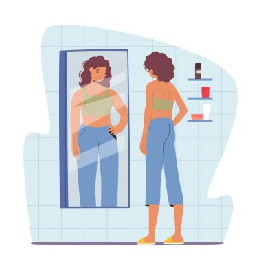 Aynadaki Kadın Suçluluk Duyuyor ve Nefret Ediyor Görünüşü Şişman görünüyor. Anoreksi ya da Bulimia Konsepti. Zihinsel Bozukluğu olan Kadın Karakterler Yemeyi Reddediyor, Kilo Veriyor. Çizgi film İnsanları Vektör İllüstrasyonu