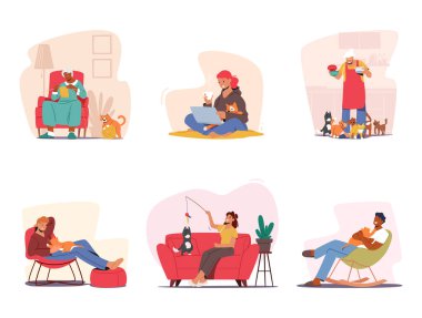 Kedilere sevgi ve ilgi sunan, iyi beslenerek, tımar edilerek, oyun oynayarak ve güvenli bir ortam sağlayarak onların mutluluğunu ve mutluluğunu sağlayan bir dizi özenli karakter. Çizgi film İnsanları Vektör İllüstrasyonu