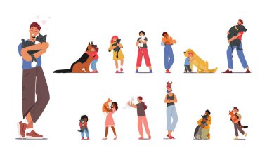 Set of Pet Owner Characters With Cats And Dogs, Sharing Their Lives With Furry Companions. Joyful Moments, Cuddles, Playtime, Walks, And Love Four-legged Friends. Cartoon People Vector Illustration clipart