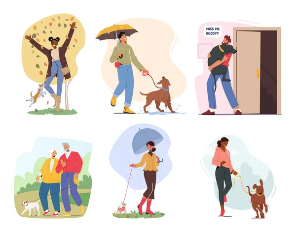 Set Characters Stroll Dogs Enjoying Outdoor Exercise Bonding Time While — Stock Vector