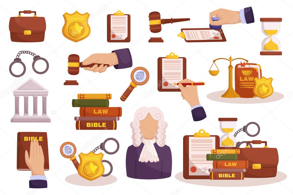 Law Elements Set. Legal Tools Including Books, Scales Of Justice, Gavel, Handcuffs, Judge, Glass, Sandclock And Documents Essential For Legal Professionals And Enthusiasts. Cartoon Vector Illustration