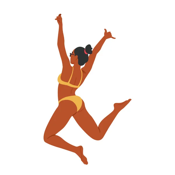 Vreugdevolle Gebruinde Vrouw Springt Een Levendige Zwembroek Achteraanzicht Straalt Geluk — Stockvector