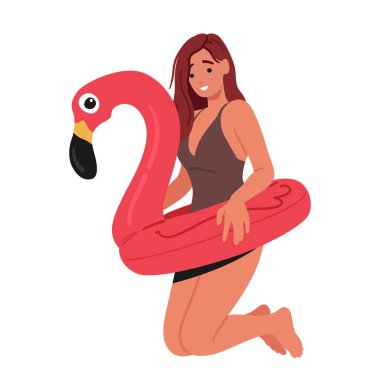 Şişme Flamingo yüzüklü enerjik kadın karakter neşeyle havanın içine atlar kahverengi mayo giyer, plaj kıyafetine mutluluk ve güven saçar. Çizgi film İnsanları Vektör İllüstrasyonu