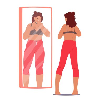 Kadın aynada kendine bakıyor, zayıf fiziğine rağmen kendini kilolu olarak algılıyor. Dismorfin ya da Düşük Özsaygısı olan Kadın Karakteri. Çizgi film İnsanları Vektör İllüstrasyonu