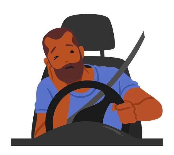 Araba Kullanırken Direksiyon Başında Uyuyan Bir Adamın Tehlikeli Senaryosu Kendine — Stok Vektör