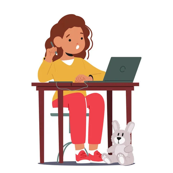 Tvůrčí Mladá Dívka Postava Ponořená Technologie Kid Sit Desk Laptop — Stockový vektor